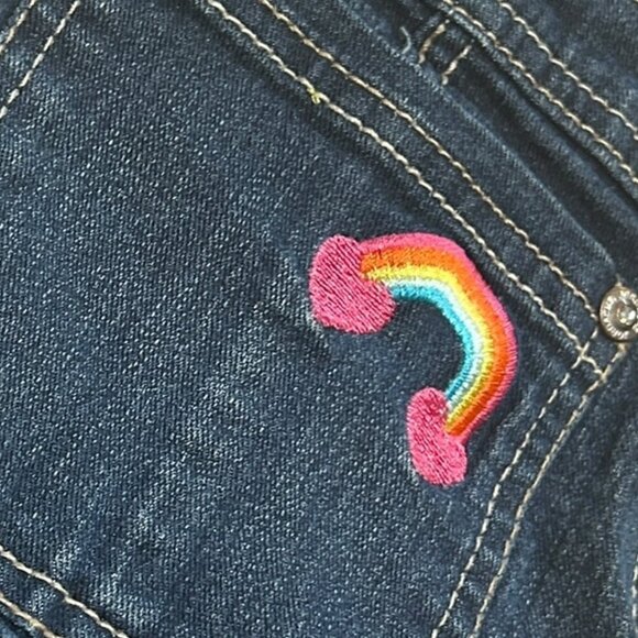 Vtg Jordache Kids Denim Bib Shortalls M(7/8) | Rainbow Sequin Pockets Embroidery - Picture 3 of 8